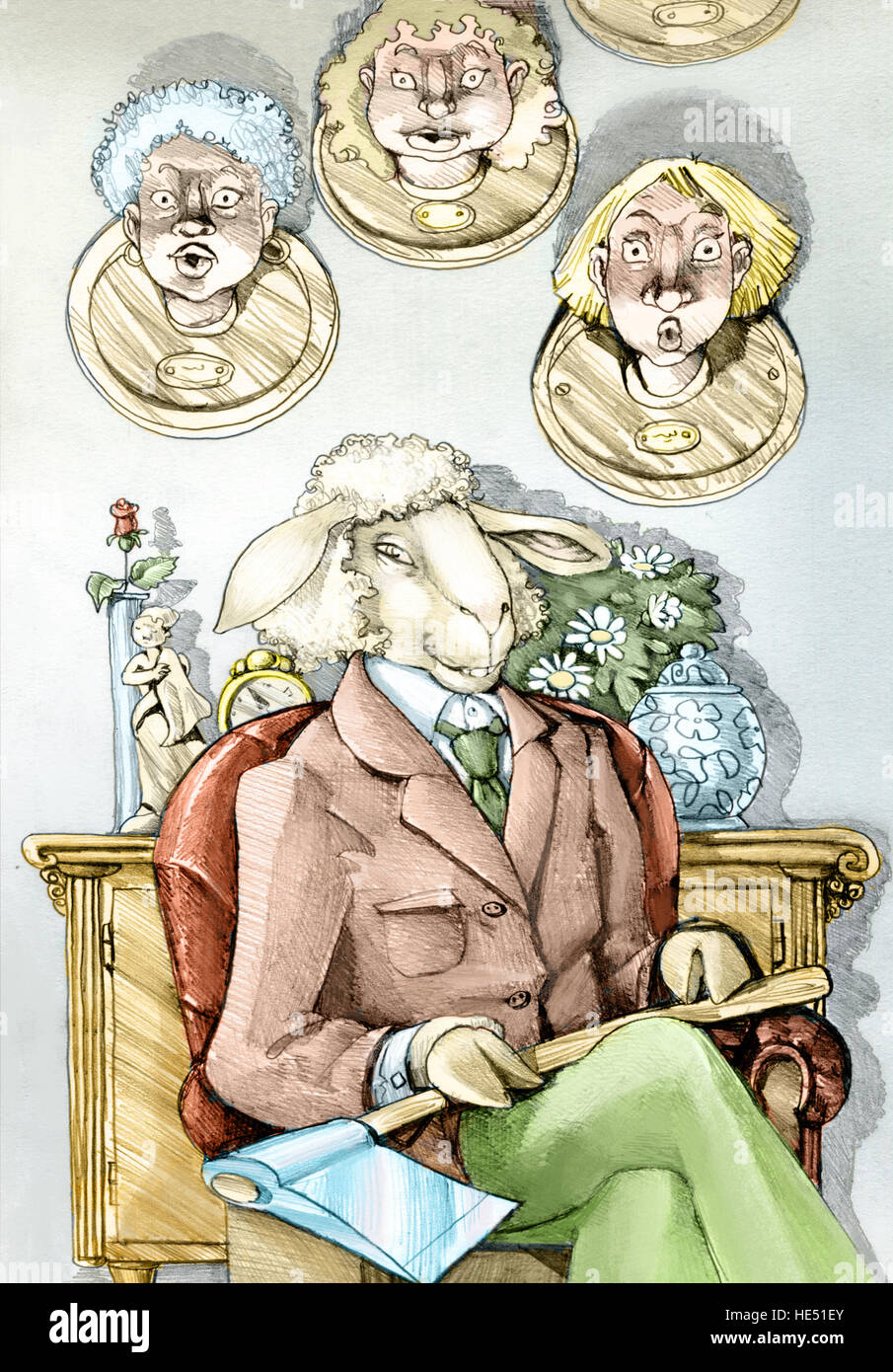 Un homme assis sur une chaise avec son visage du mouton est en fait un urderess "des femmes pour ce sur ses genoux une hache Banque D'Images