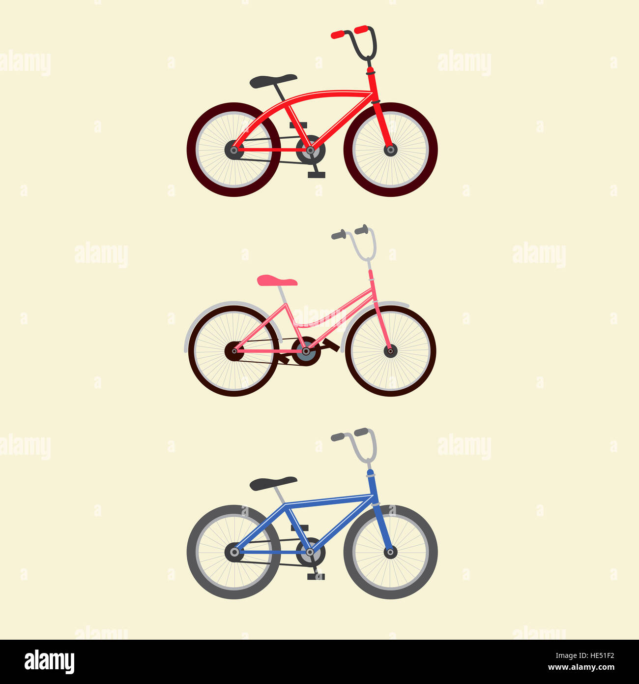 Illustration Lot de 3 vélos colorés. Rouge, rose et bleu Photo Stock - Alamy