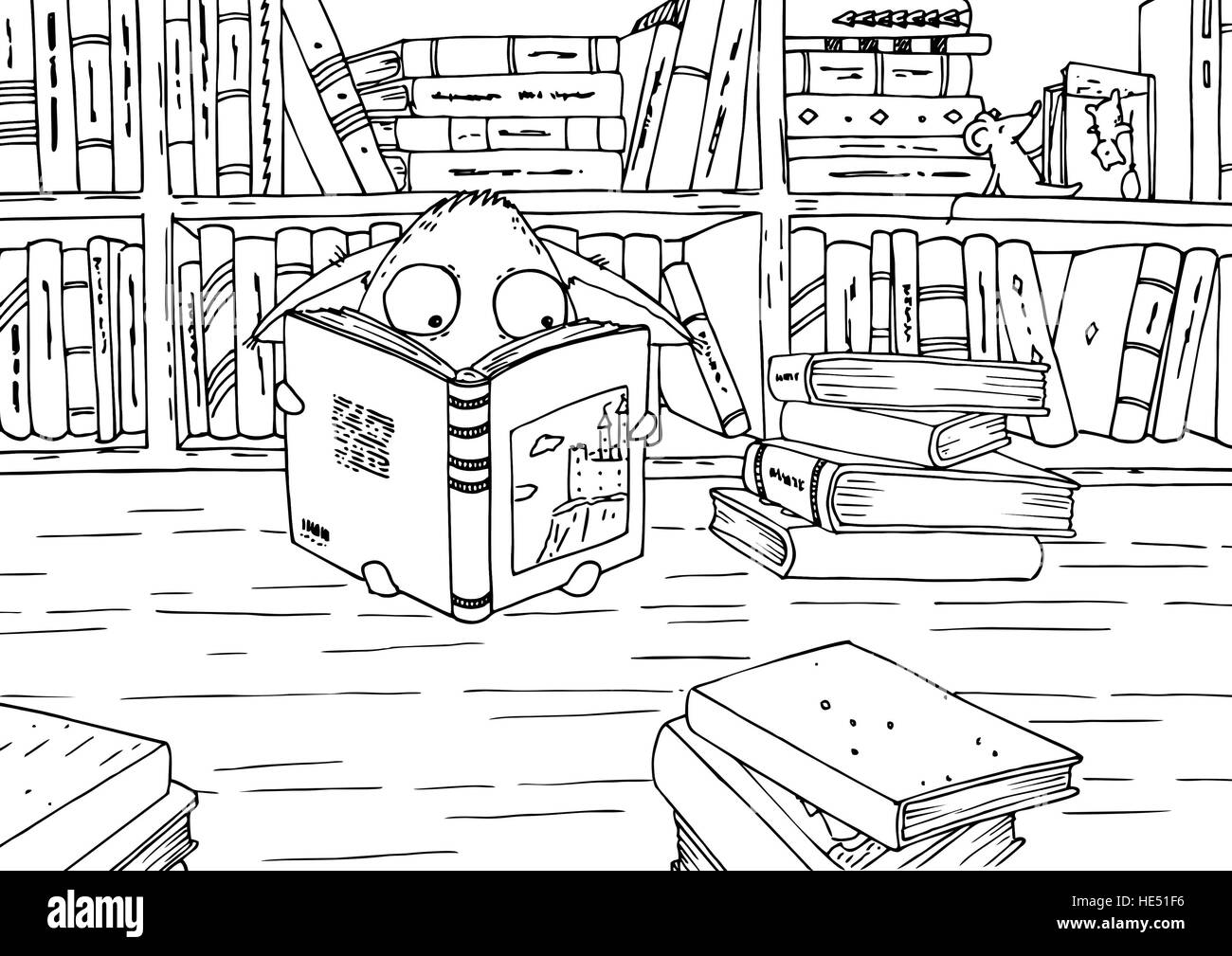 Coloriages pour enfants Petit monstre et son ami la souris la lecture de livres en