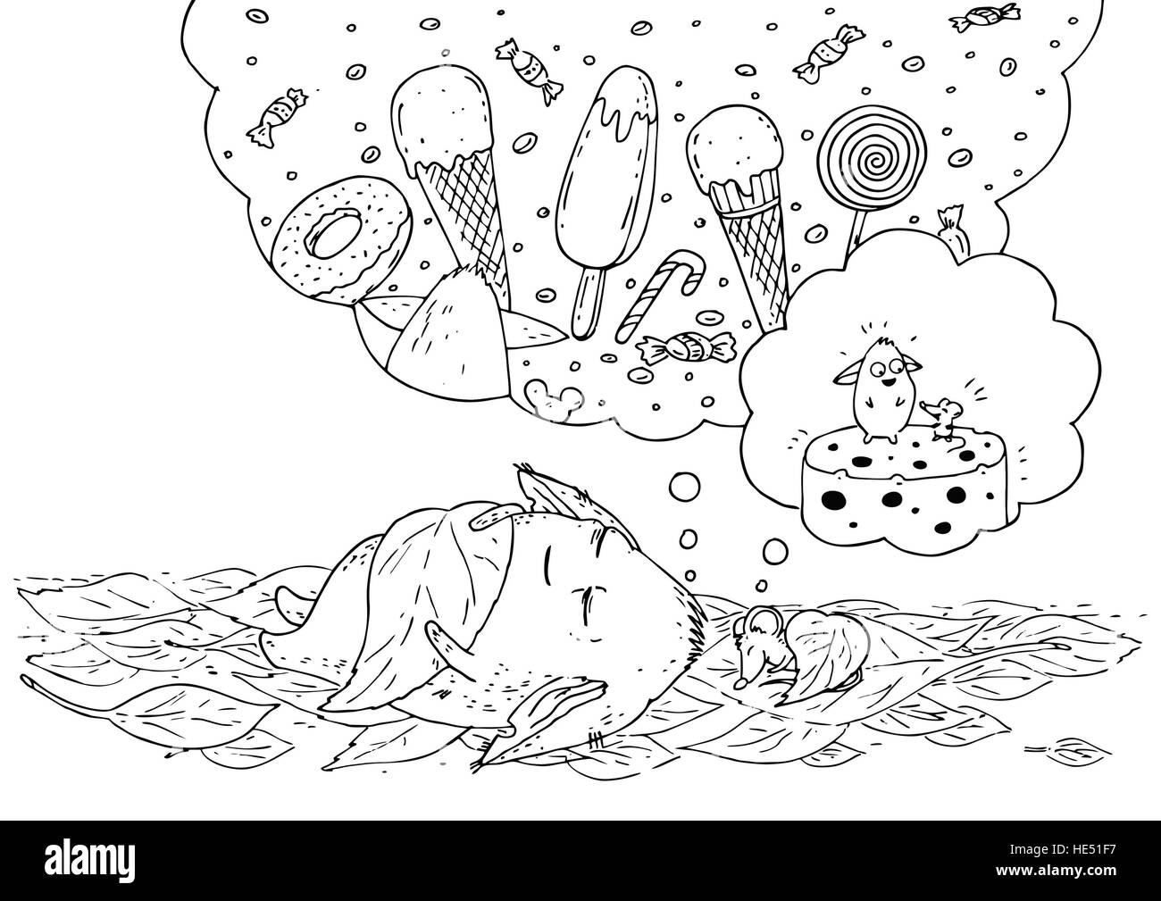 Coloriages pour enfants Petit monstre et son ami Souris dormir et rªver Stock