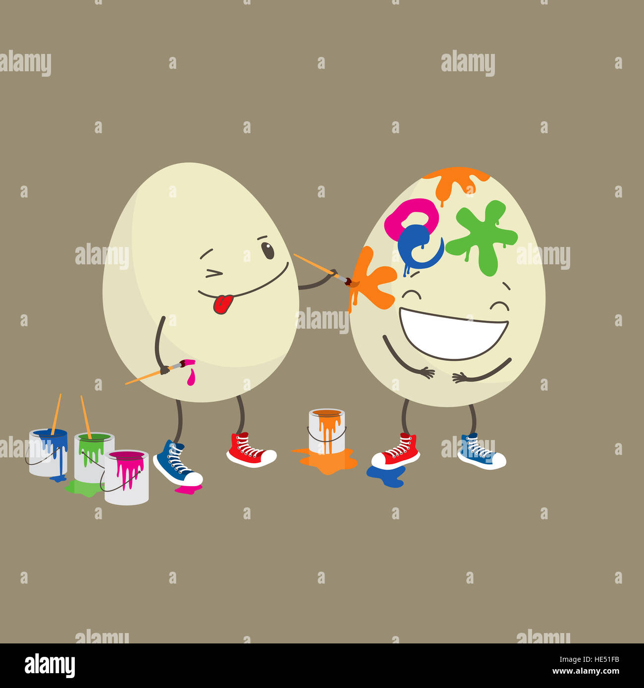 La décoration des oeufs de Pâques. Thème de Pâques drôle illustration ou une carte de vœux. Banque D'Images