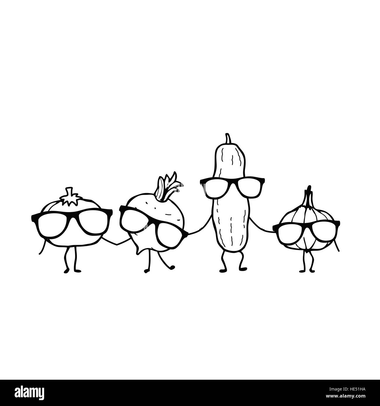 Caricature portant des lunettes de légumes : tomates, concombres, radis et l'ail. Page à colorier pour les enfants Banque D'Images