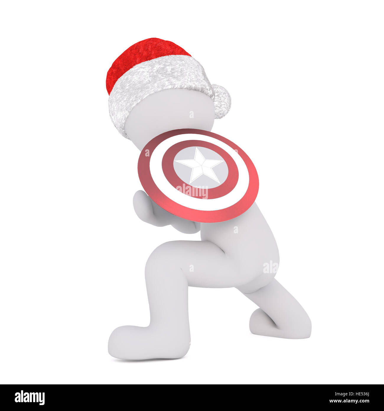 Toon 3d full body in Santa hat accroupi avec bouclier de super-héros sur blanc Banque D'Images