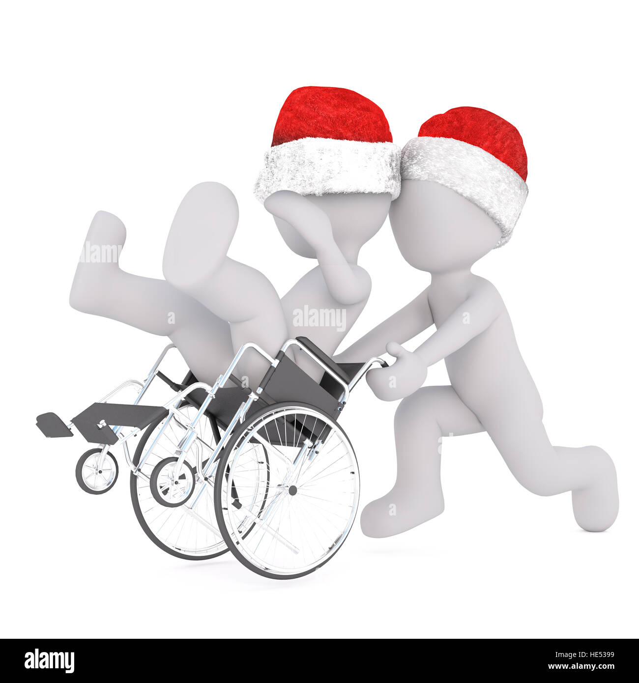 Toon 3d full body in Santa hat poussant mobilité patient in wheelchair on white Banque D'Images