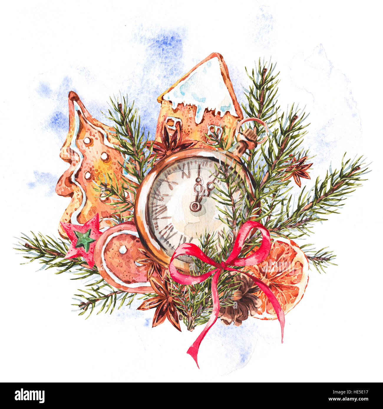 Aquarelle illustration de Noël avec gingerbread cookies et p Banque D'Images