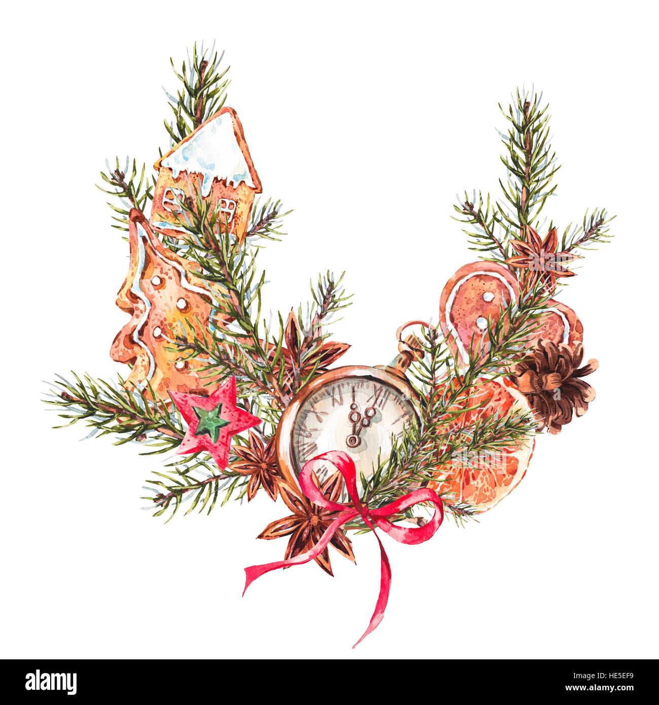 Aquarelle couronne de Noël au pain d'épices Banque D'Images