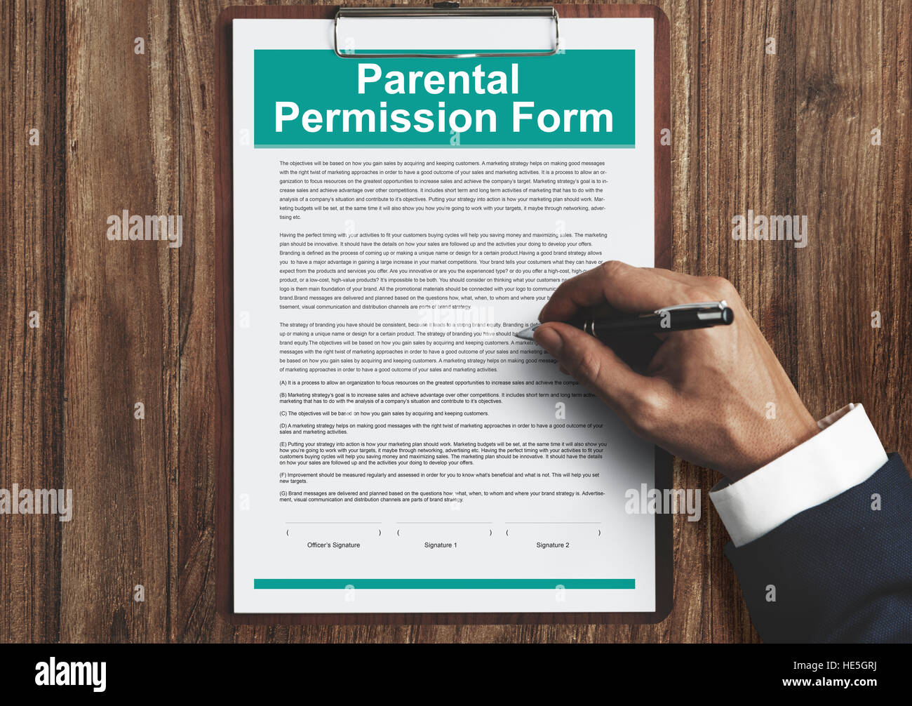 Formulaire d'autorisation parentale Concept Contrat Banque D'Images