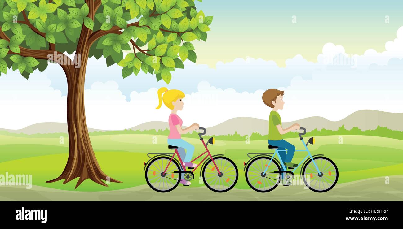 Deux personnes monter un vélo à travers la campagne Illustration de Vecteur