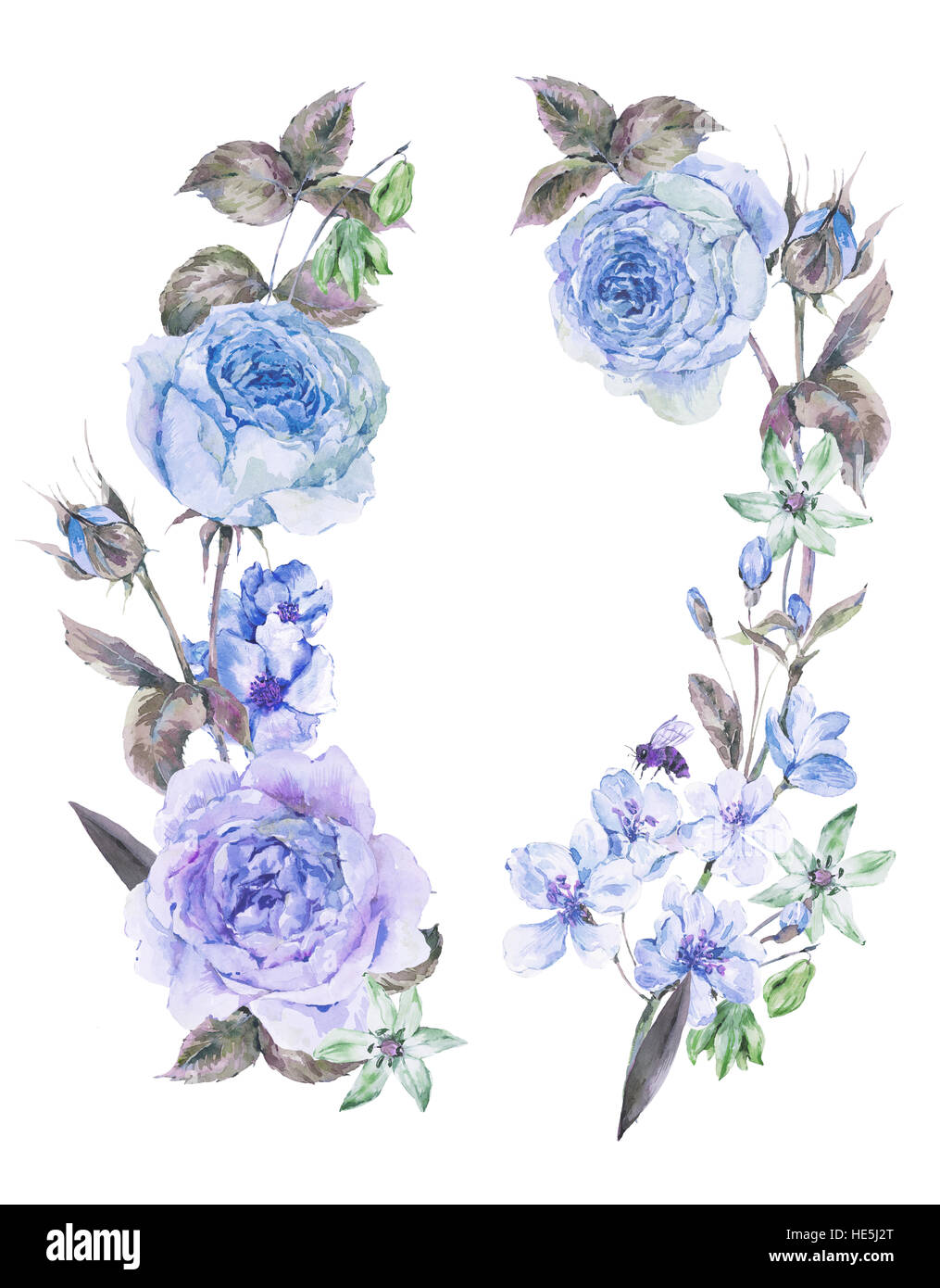 Aquarelle ressort autour avec couronne de roses bleu Banque D'Images