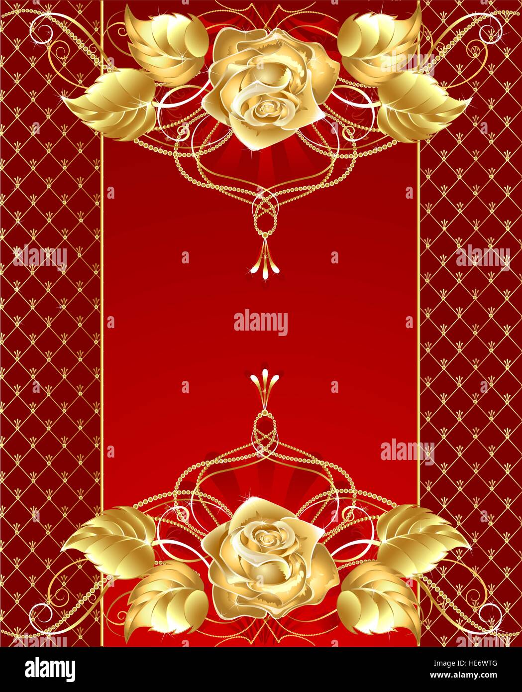 Fond rouge avec bijoux en or rose brillant et délicat motif plaqué or Illustration de Vecteur