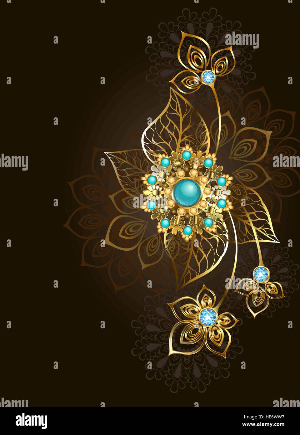 Bijoux en or des bijoux dans un style oriental, décoré avec un noir, turquoise sur fond brun. La conception de bijoux. Bijoux en or. Illustration de Vecteur