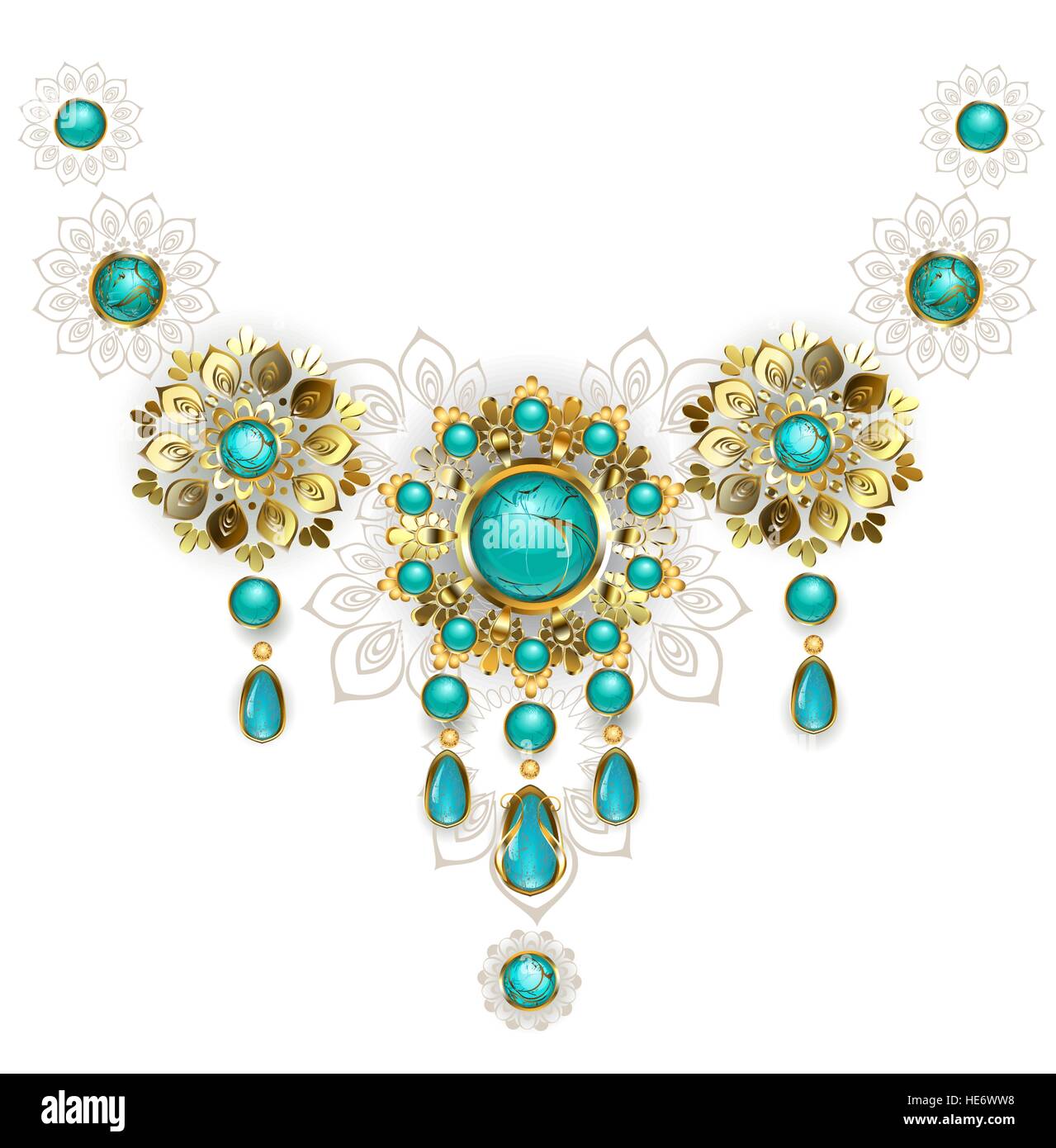 Bijoux en or des bijoux dans un style oriental, décorées avec turquoise sur fond blanc. La conception de bijoux. Bijoux en or. Illustration de Vecteur