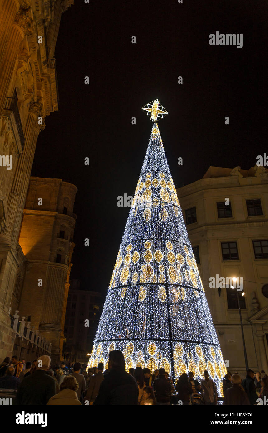Les lumières de Noël Décoration, arbre, Calle Larios, la ville de Malaga, Andalousie, Espagne, 2016. Banque D'Images