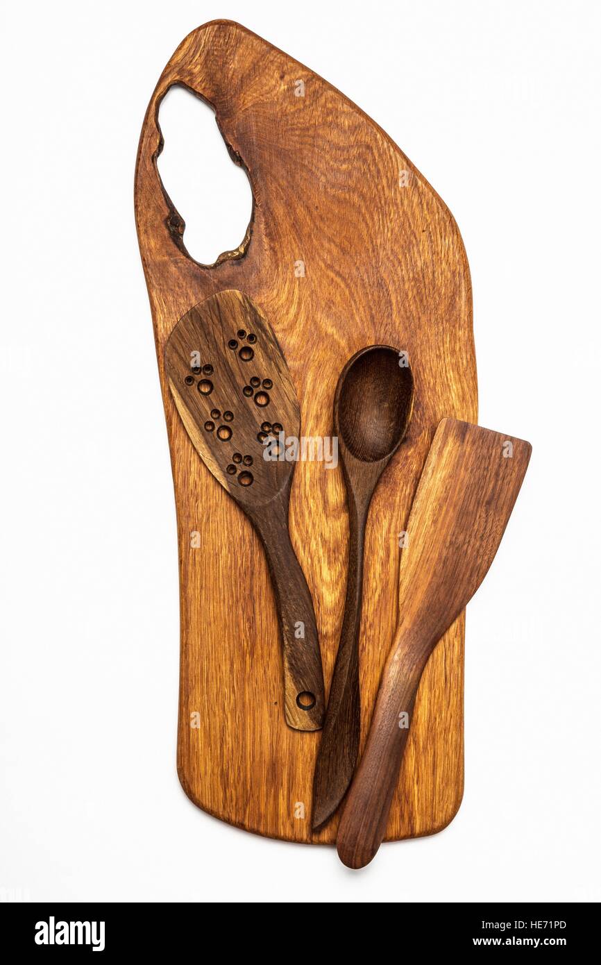 Matériel de cuisine - outils en bois et table de découpe. Banque D'Images