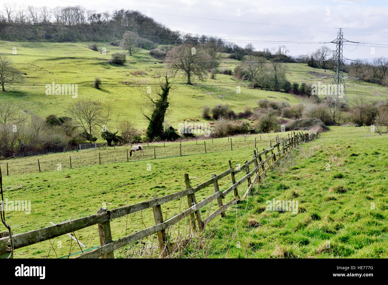 Vieille clôture crossing champ agricole, Gloucestershire, Royaume-Uni Banque D'Images