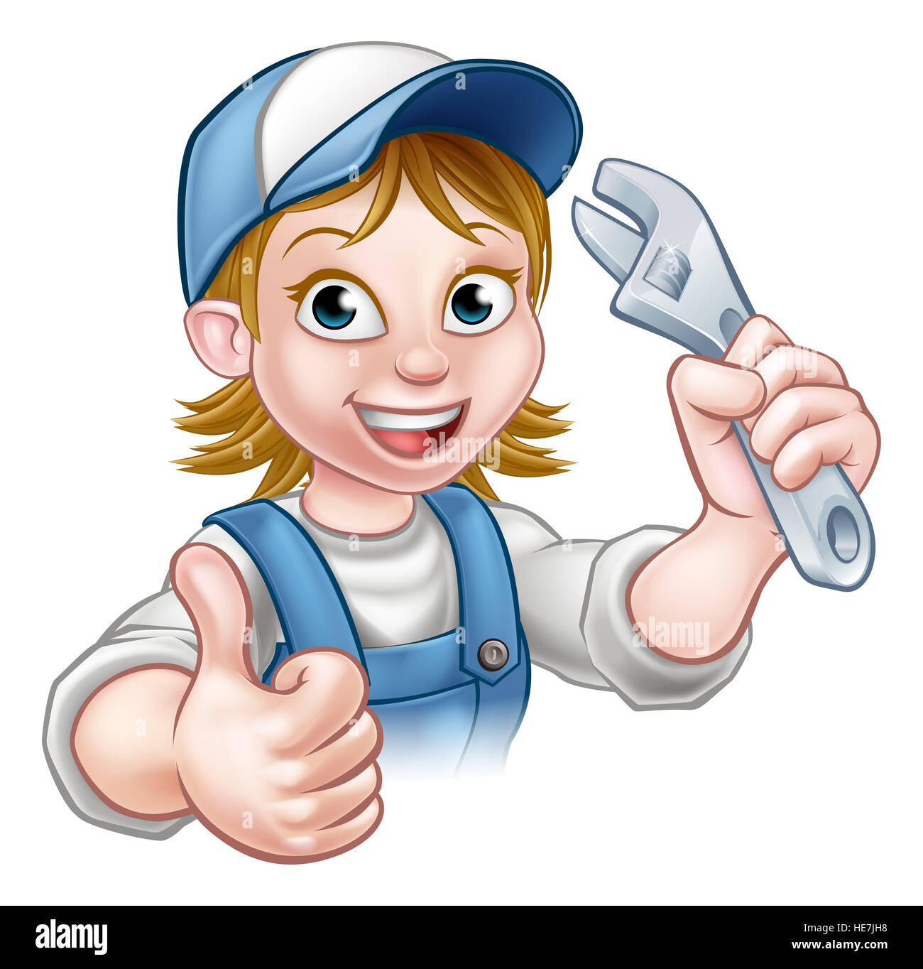 Un mécanicien ou plombier handyman personnage tenant une clé et de donner un coup de pouce Banque D'Images