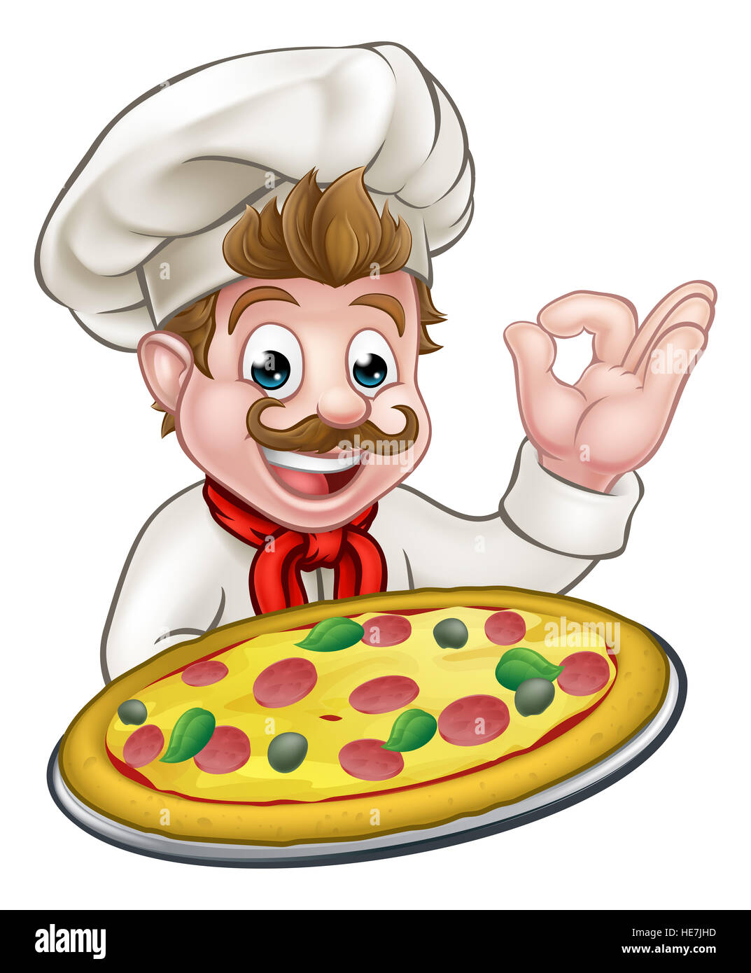 Cartoon chef holding a pizza et donnant un bon geste cook delicious parfait Banque D'Images
