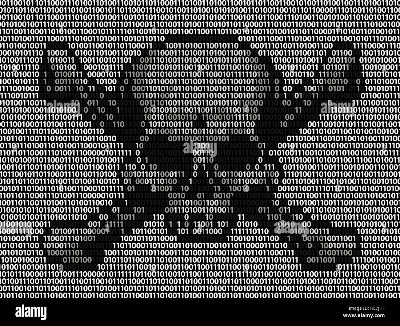 Crâne et os croisés danger ou de piratage signe composé de uns et de zéros binaires code machine. Concept pour le piratage en ligne, le piratage, la fraude sur internet ou la carte SIM. Banque D'Images