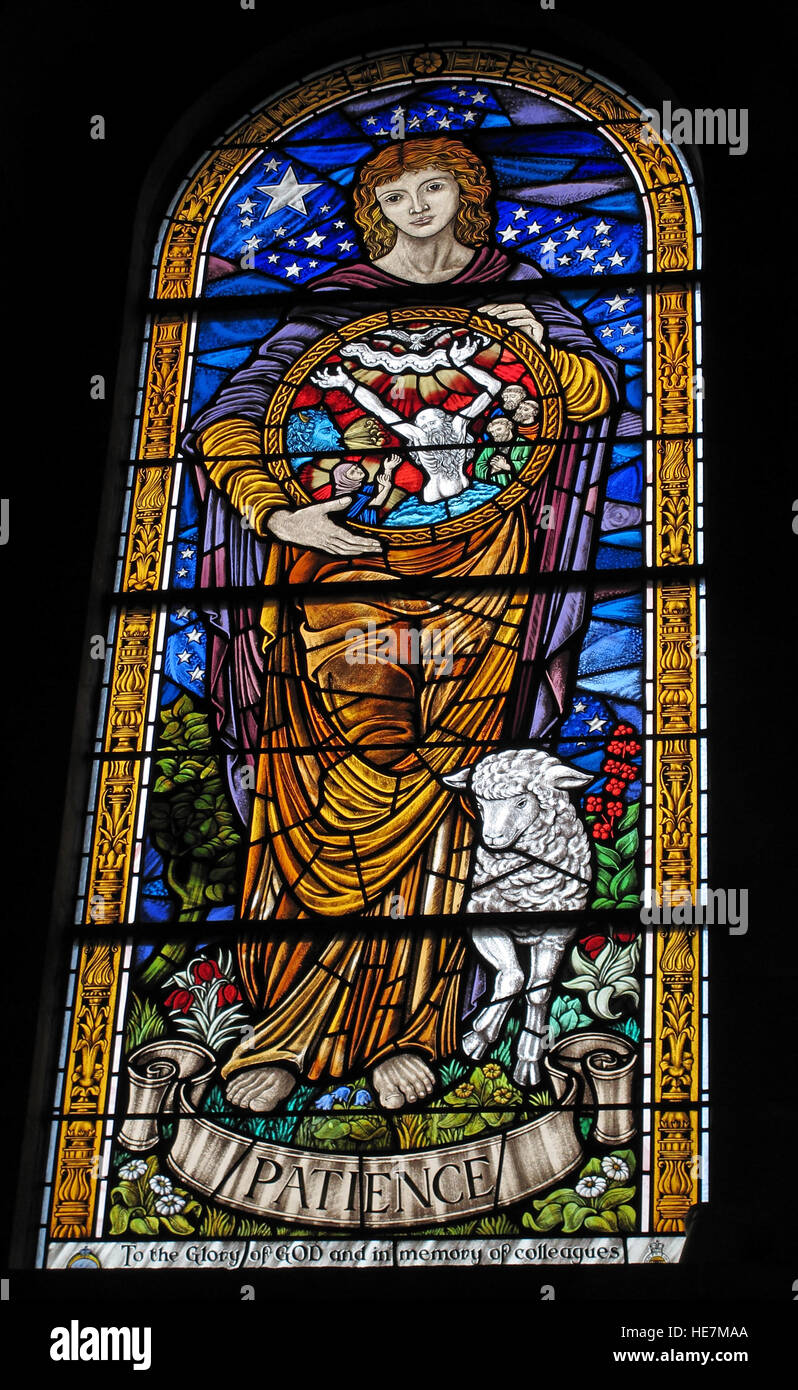 Intérieur de la cathédrale de Belfast St Annes,patience vitrail détail Banque D'Images