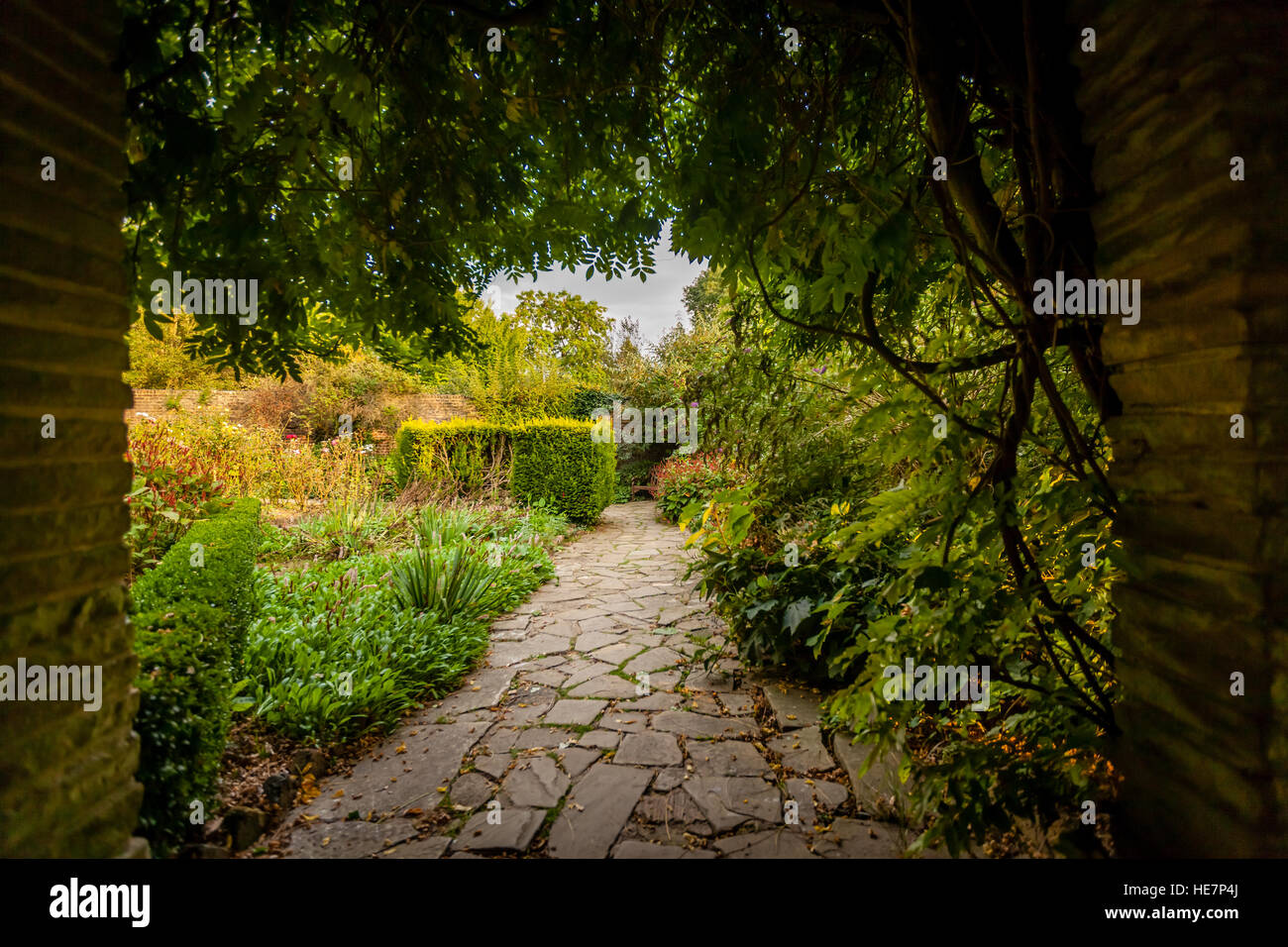 Sentier pierreux dans une rookerie parc public à Streatham Common à Londres en été Banque D'Images