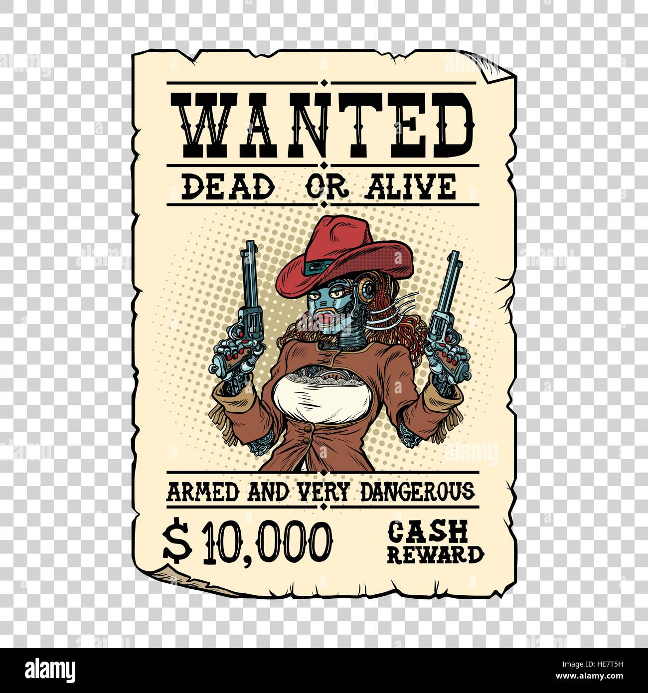 Robot femelle Steampunk bandit, Western Wild West Illustration de Vecteur