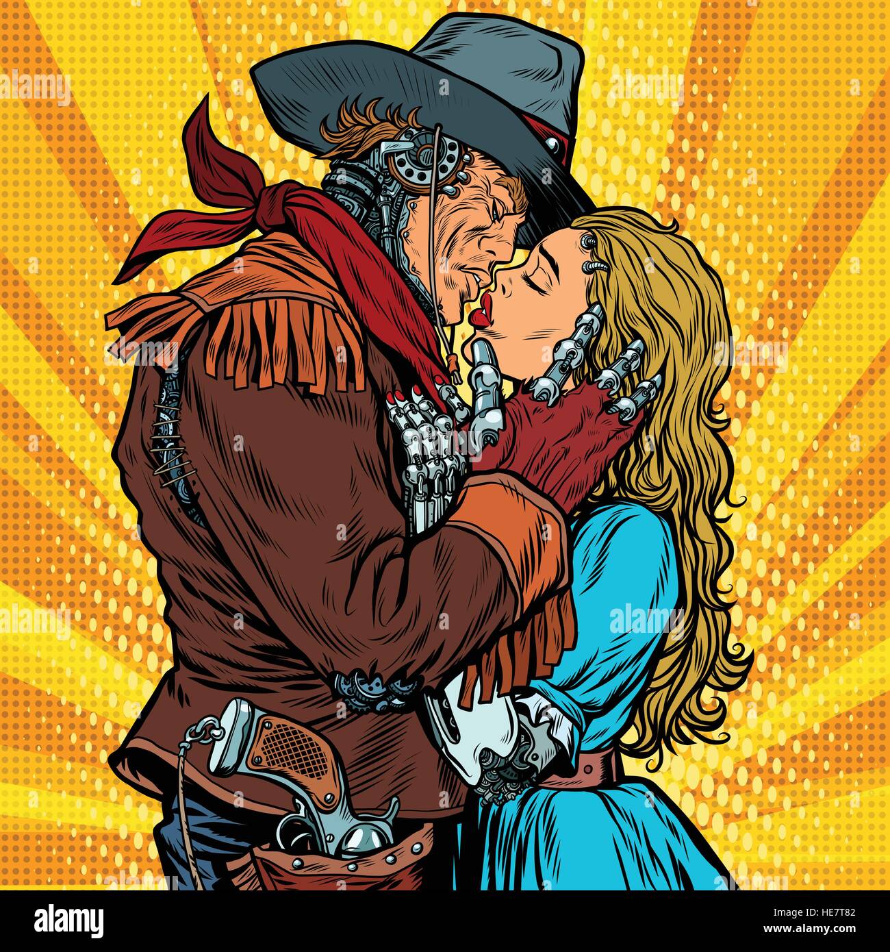 Robots Steampunk. La jeune fille embrasse Cowboy Illustration de Vecteur