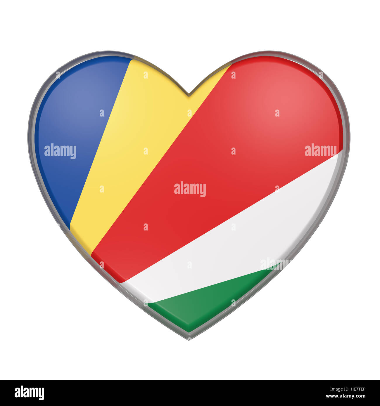 Le rendu 3D d'un drapeau des Seychelles sur un fond blanc. Banque D'Images