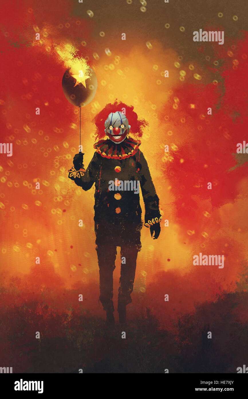 Evil clown debout avec un ballon sur fond d'incendie,illustration peinture Banque D'Images