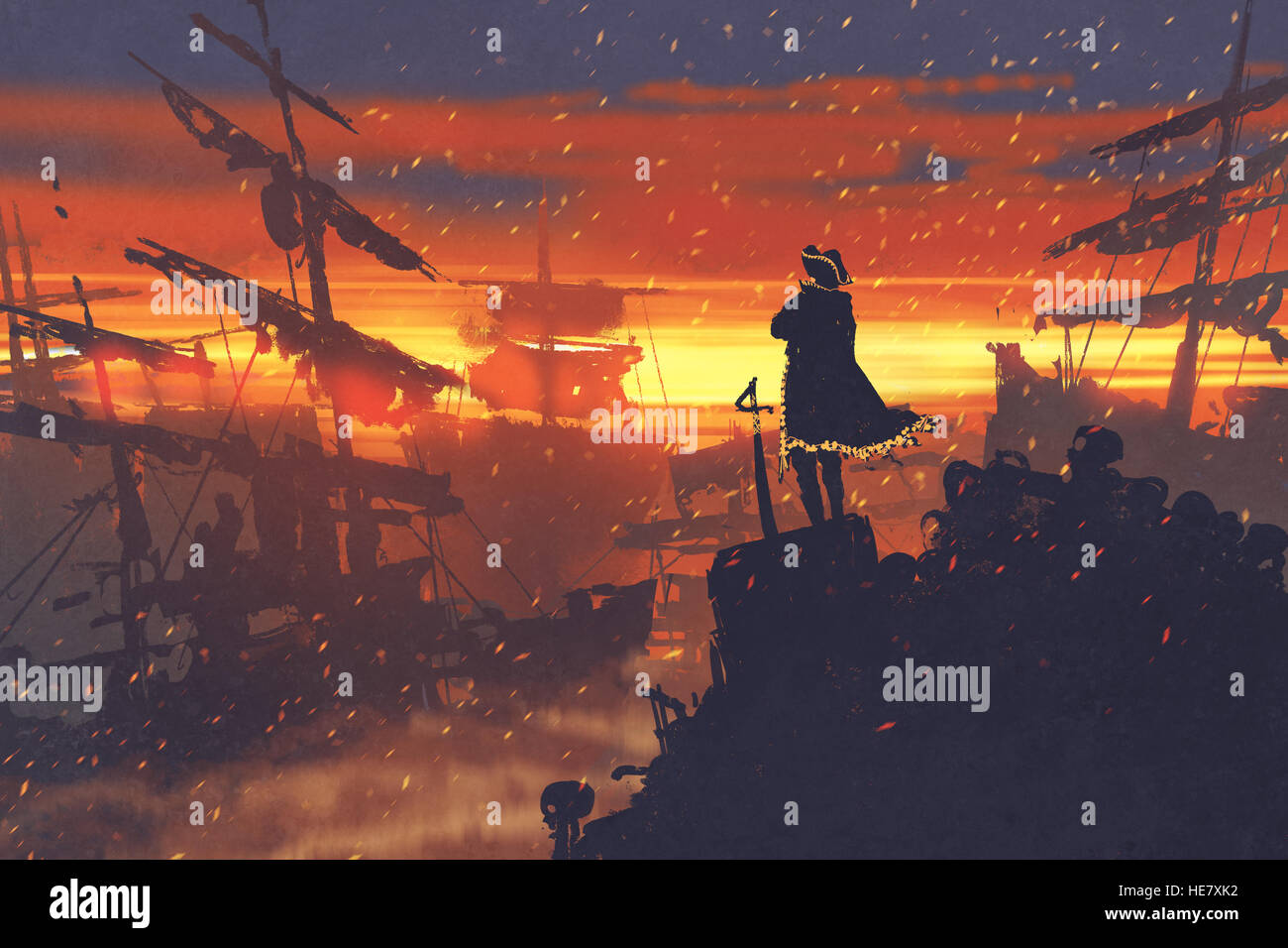 Debout sur pirate treasure pile contre les navires en ruine au coucher du soleil,illustration peinture Banque D'Images