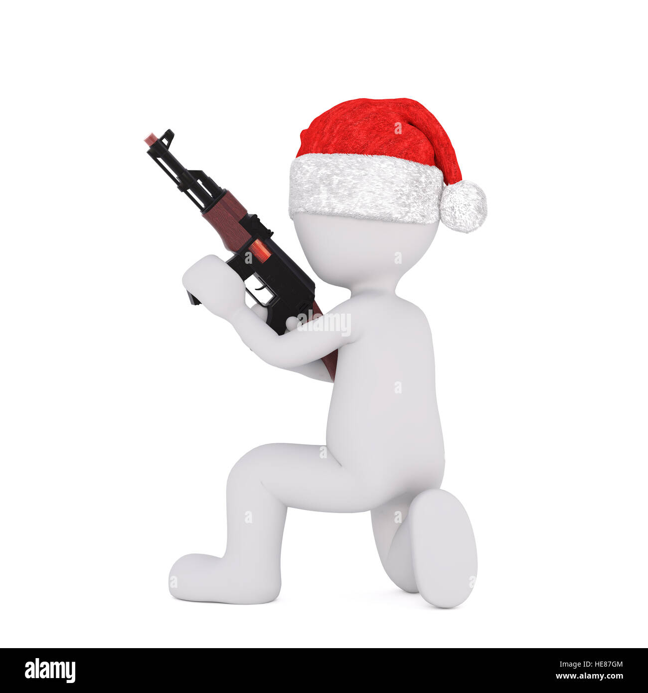 3d toon accroupie à Santa hat holding arme automatique sur blanc Banque D'Images