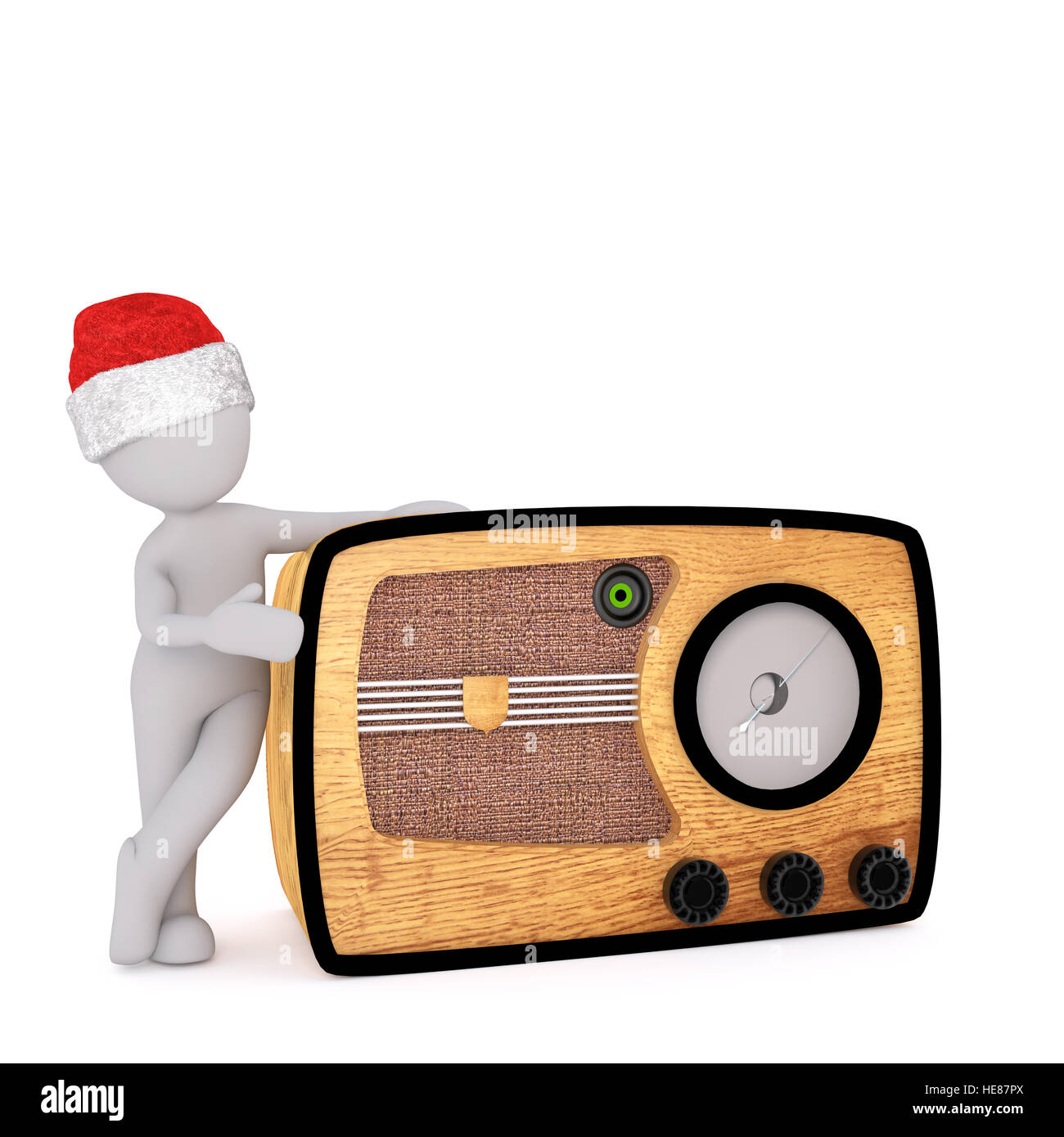 Toon 3d full body in Santa hat leaning on retro style bois radio transistor, fond blanc Banque D'Images