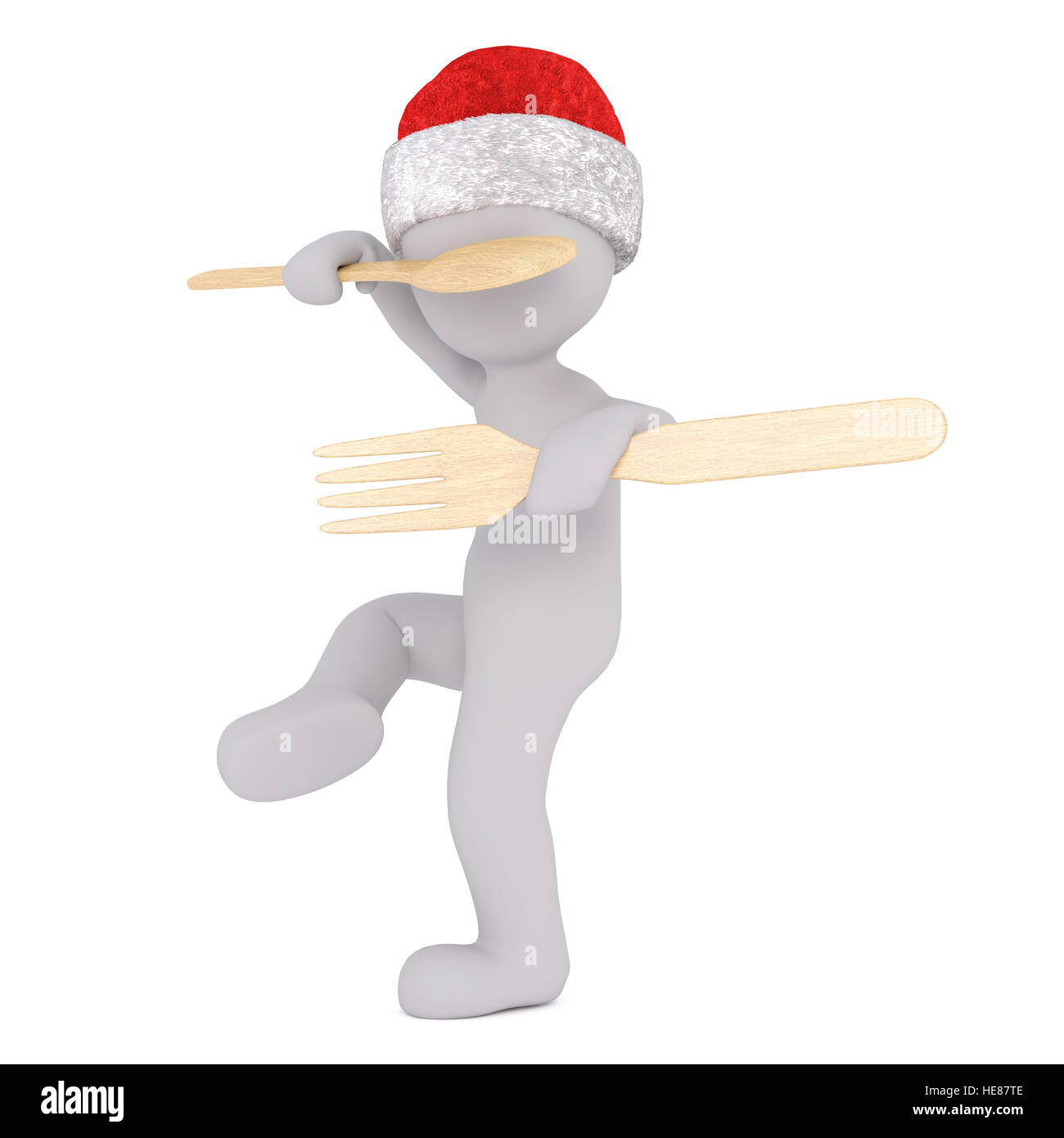 Full body 3d Santa toon dans la lutte contre la pose avec fourchette et cuillère de cuisine en bois blanc sur Banque D'Images