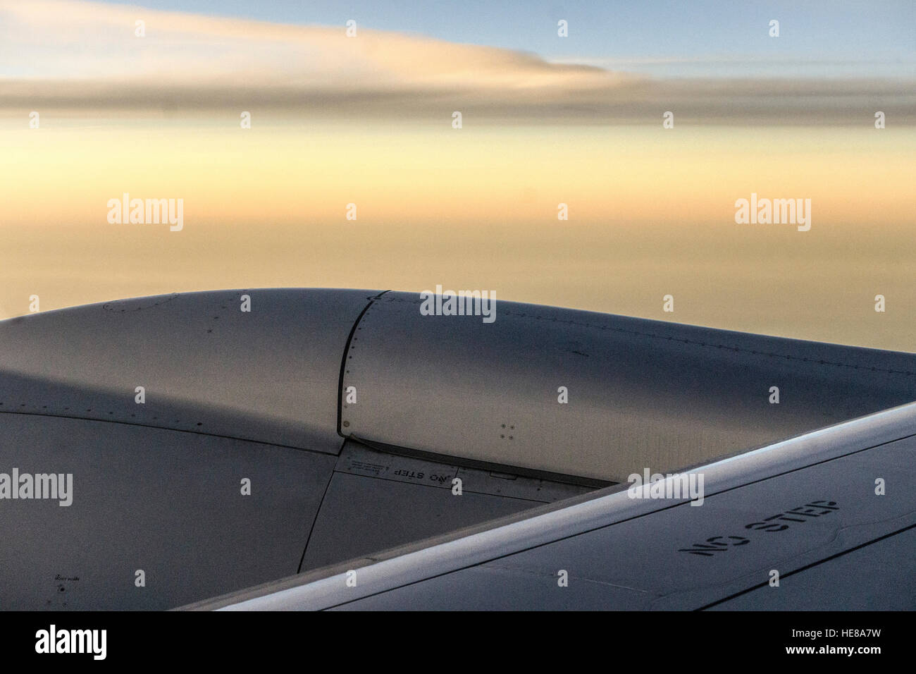 L'abstraction des moteurs et pointe de Boeing Dreamliner de l'aile en vol au-dessus du golfe du Mexique vu contre beau coucher du soleil Banque D'Images