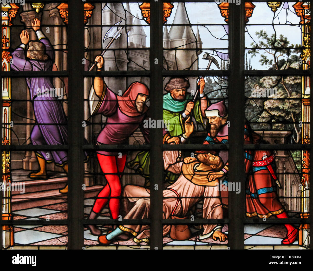 Le vitrail représentant la légende de Juifs voler du pain sacramentel, dans la Cathédrale de Bruxelles, Belgique. Cette légende antisémite remonte à 13 Banque D'Images