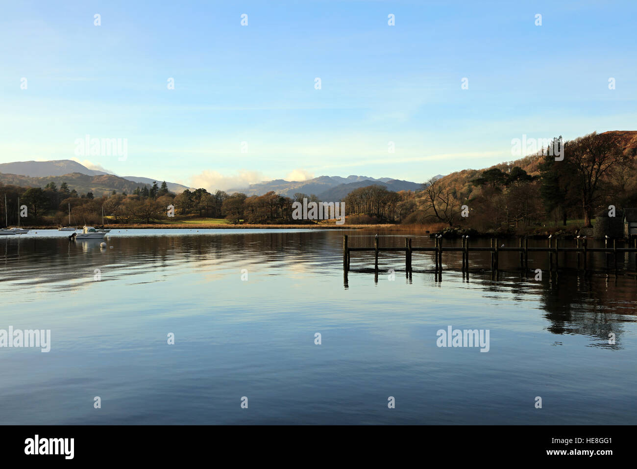 L'eau calme sur le lac Windermere, Lake District, Cumbria, England, UK Banque D'Images