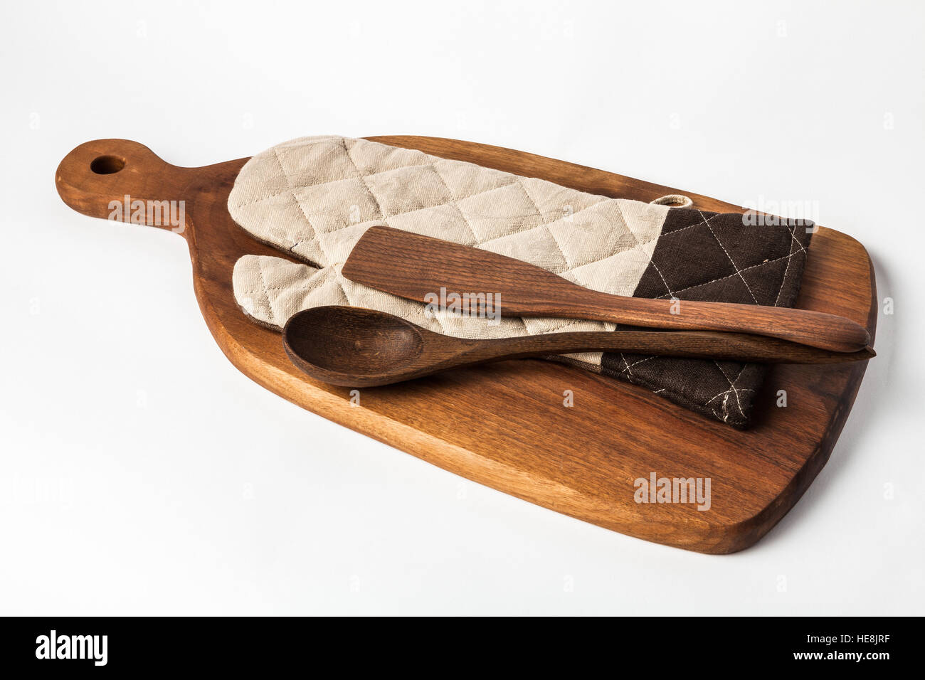 Matériel de cuisine - planche à découper en bois, d'outils et de linge glowe Banque D'Images