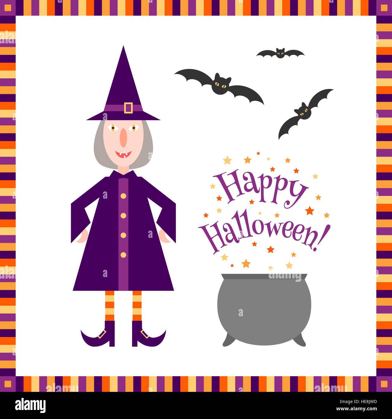 Funny little witch près d'un chaudron magique avec un 'Happy Halloween !' accueil et de chauves-souris volant au-dessus. Illustration de Vecteur