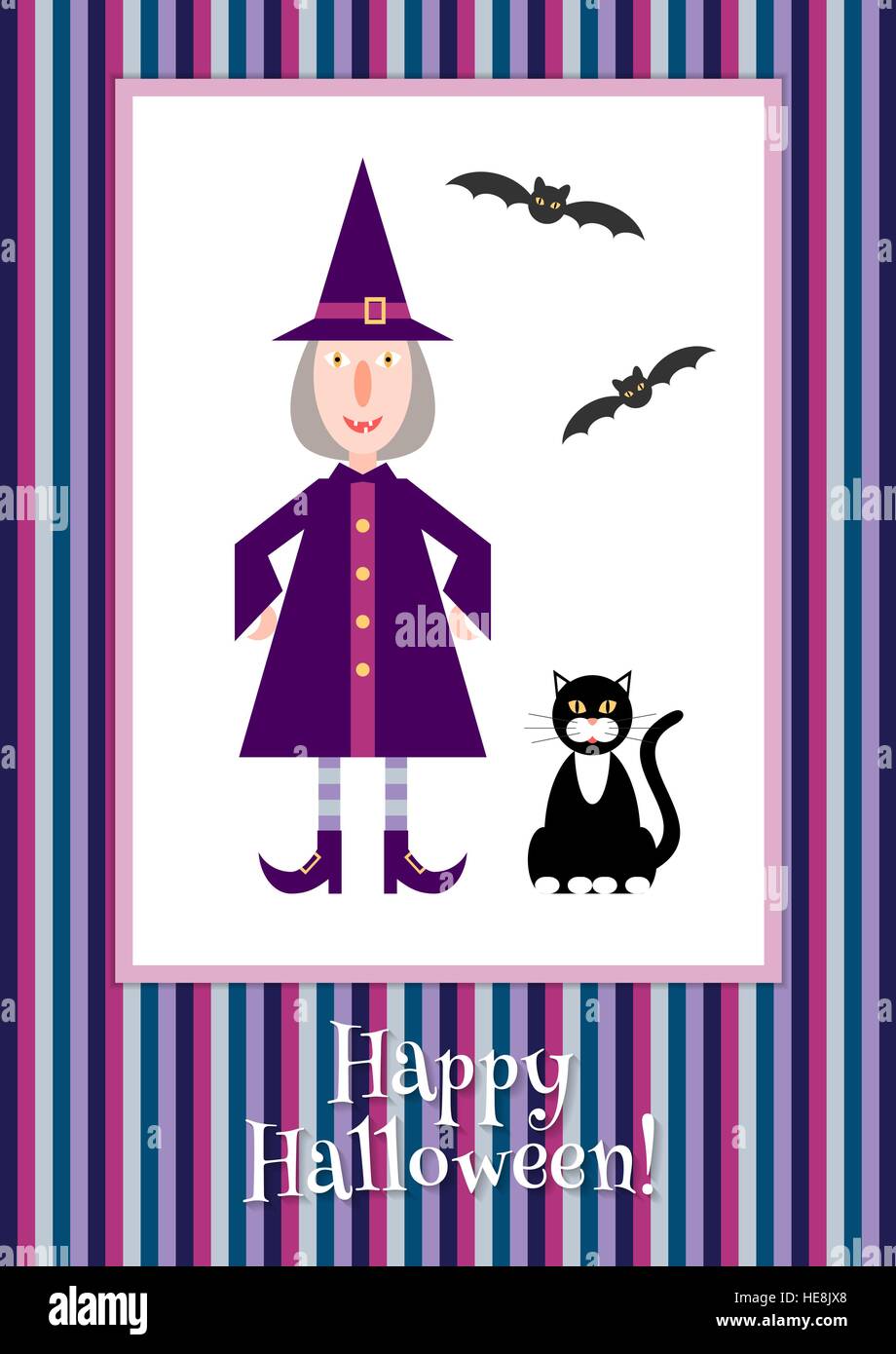 Illustration d'une drôle de petite sorcière sur un fond rayé. Halloween coloré modèle. Illustration de Vecteur