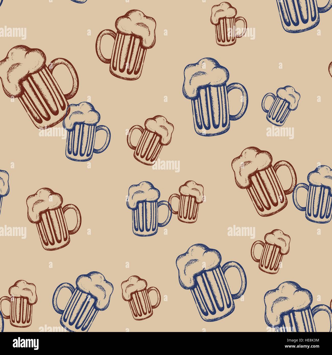Motif transparent vecteur dessiné à la main avec des tasses de café. Boire de la bière traditionnelle. Célébration de l'Oktoberfest. Illustration de Vecteur
