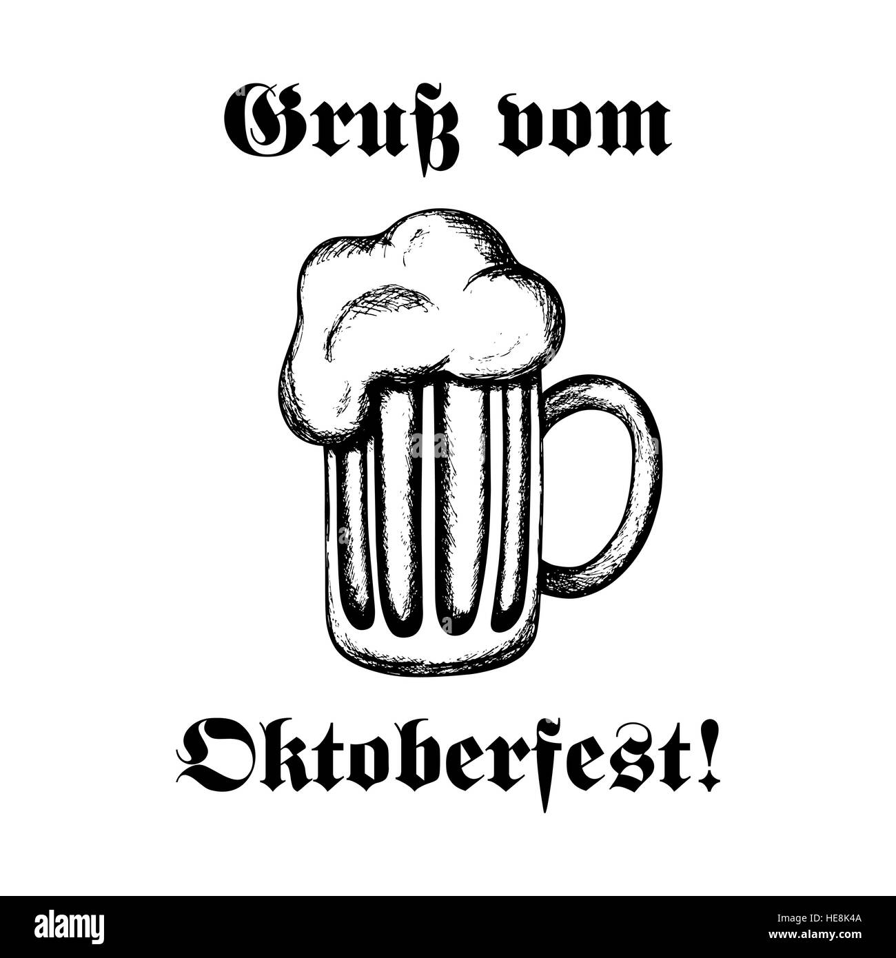 Vector illustration dessinée à la main d'une bière. Célébration de l'Oktoberfest. Texte en allemand : "Salutations de Oktoberfest !' Illustration de Vecteur