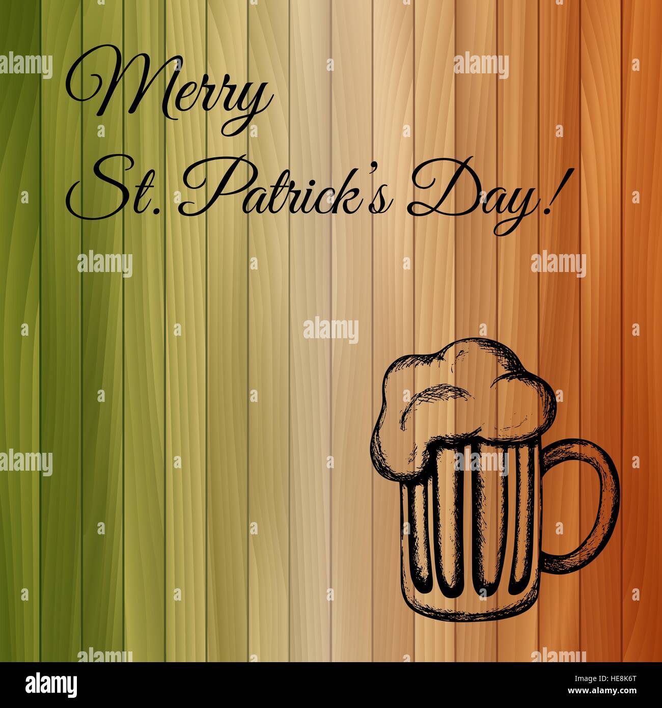 Vector illustration dessinée à la main d'une bière sur fond de bois teinté avec les couleurs du drapeau national de l'Irlande. Illustration de Vecteur