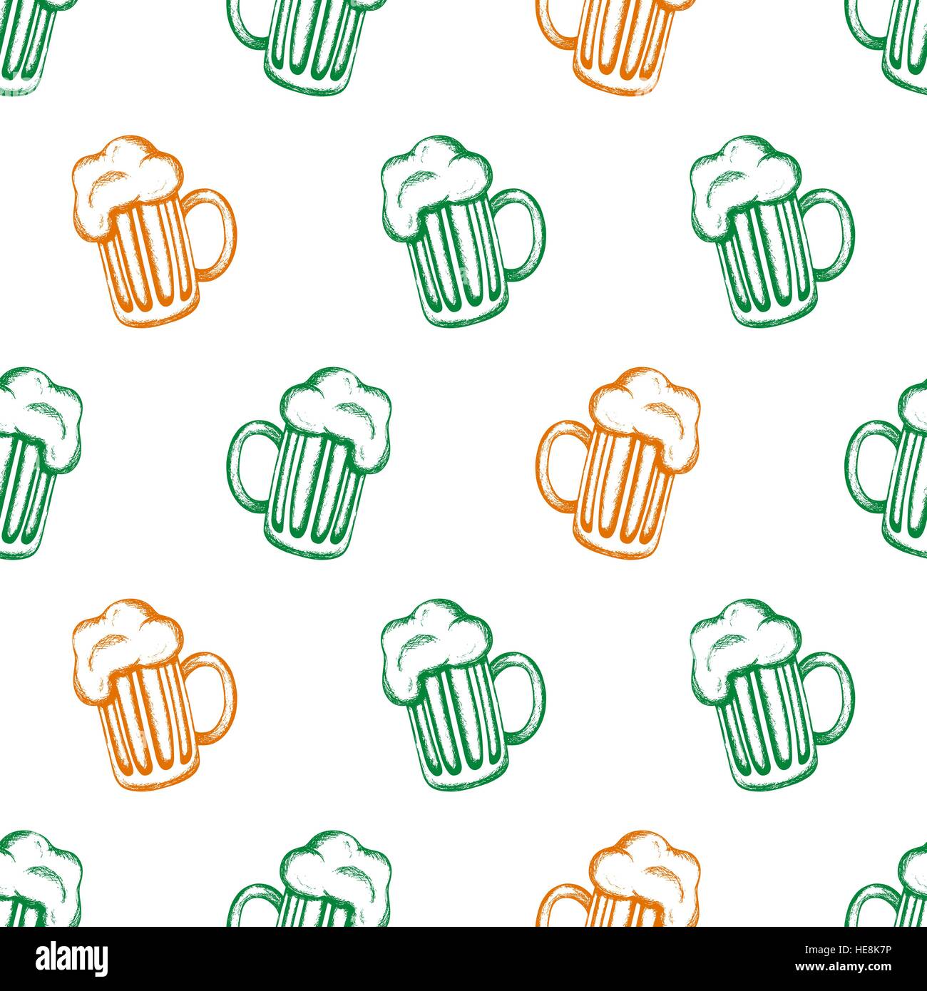 Modèle transparent avec les tasses de bière dans les couleurs du drapeau de l'Irlande. Saint Patrick's Day celebration design. Illustration de Vecteur