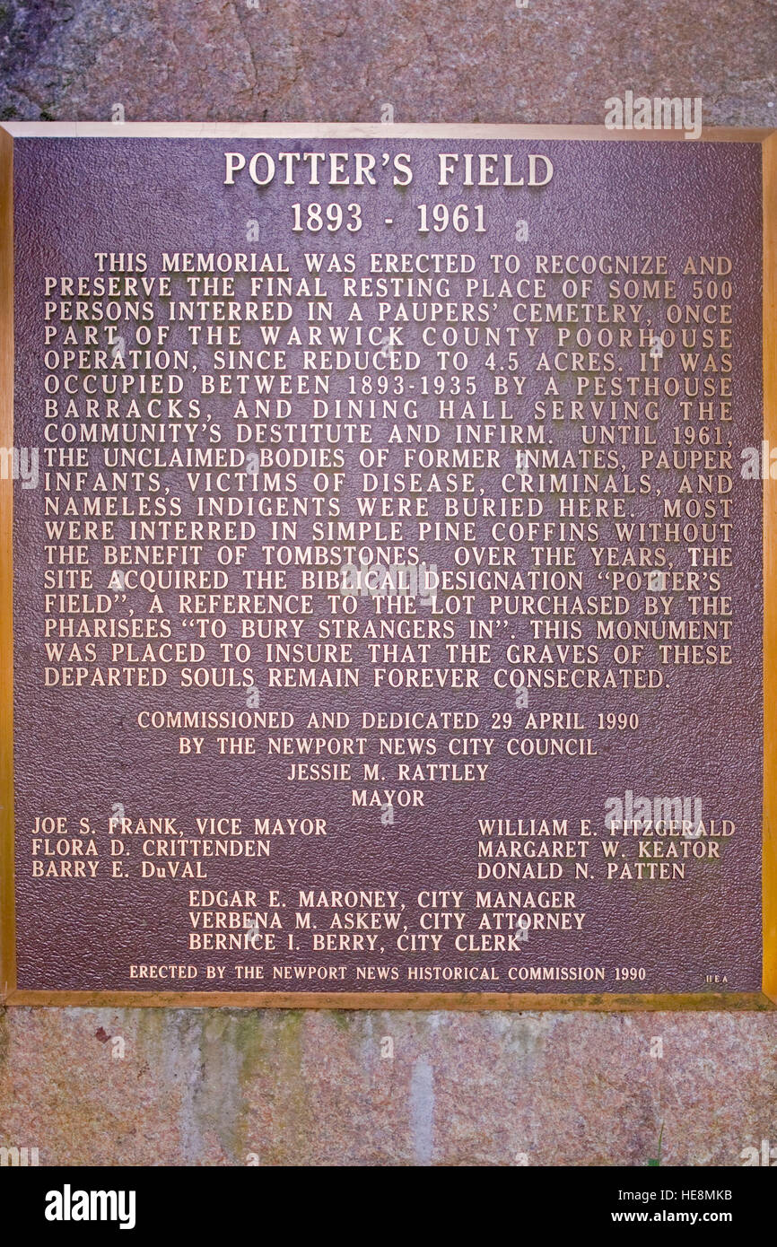 Plaque commémorative d'information de "champ du potier" de Newport News en Virginie. Banque D'Images