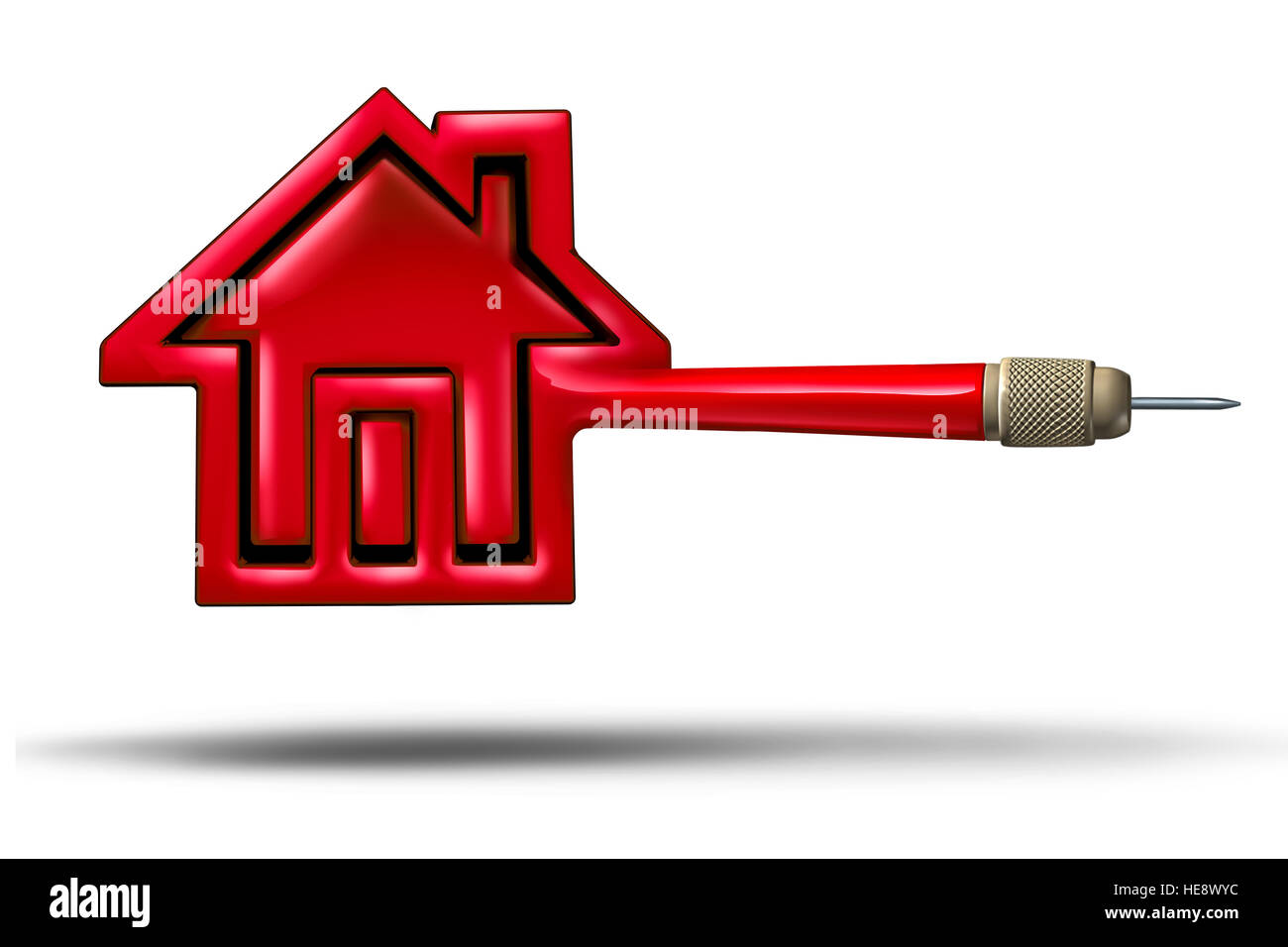 Chambre immobilier cible l'achat ou la vente de concept comme un battant dart rouge en forme de maison comme métaphore pour les taux hypothécaires Immobilier Realtor cible comme un 3D Banque D'Images