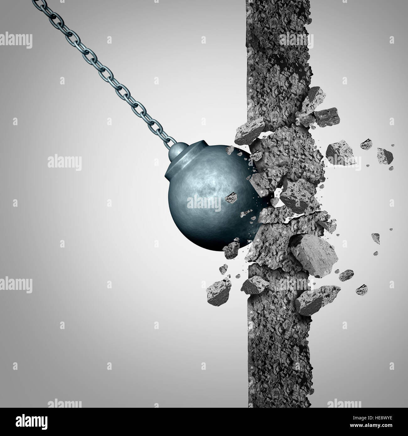 Briser les murs avec un lourd boulet de la destruction d'un ciment solide obstacle comme une métaphore pour le renouvellement et la démolition des limites en tant que busin Banque D'Images