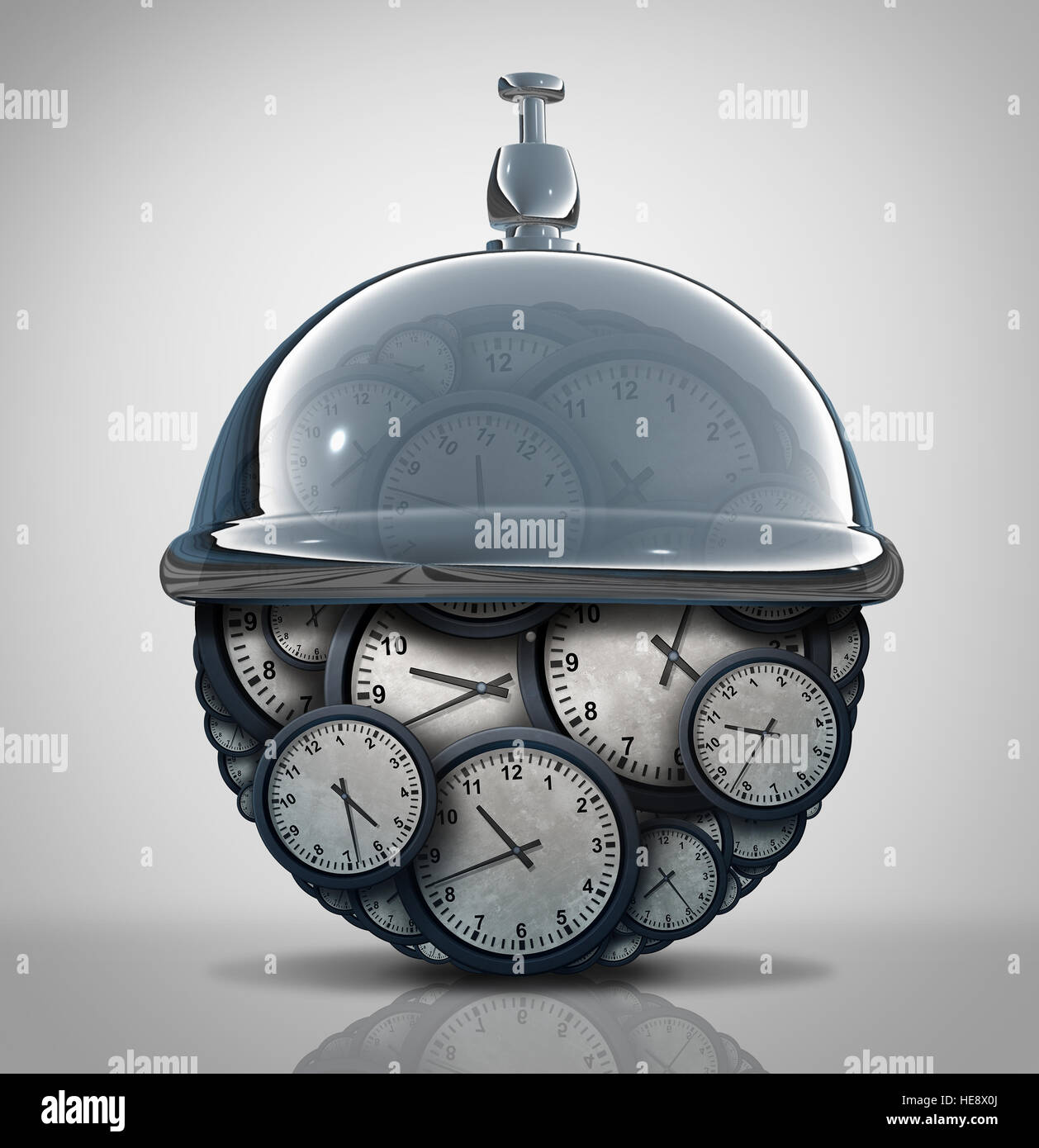 Concept de service temps comme un groupe d'objets de l'horloge avec un service d'affaires de Bell en tant qu'annexe la métaphore 3D illustration. Banque D'Images