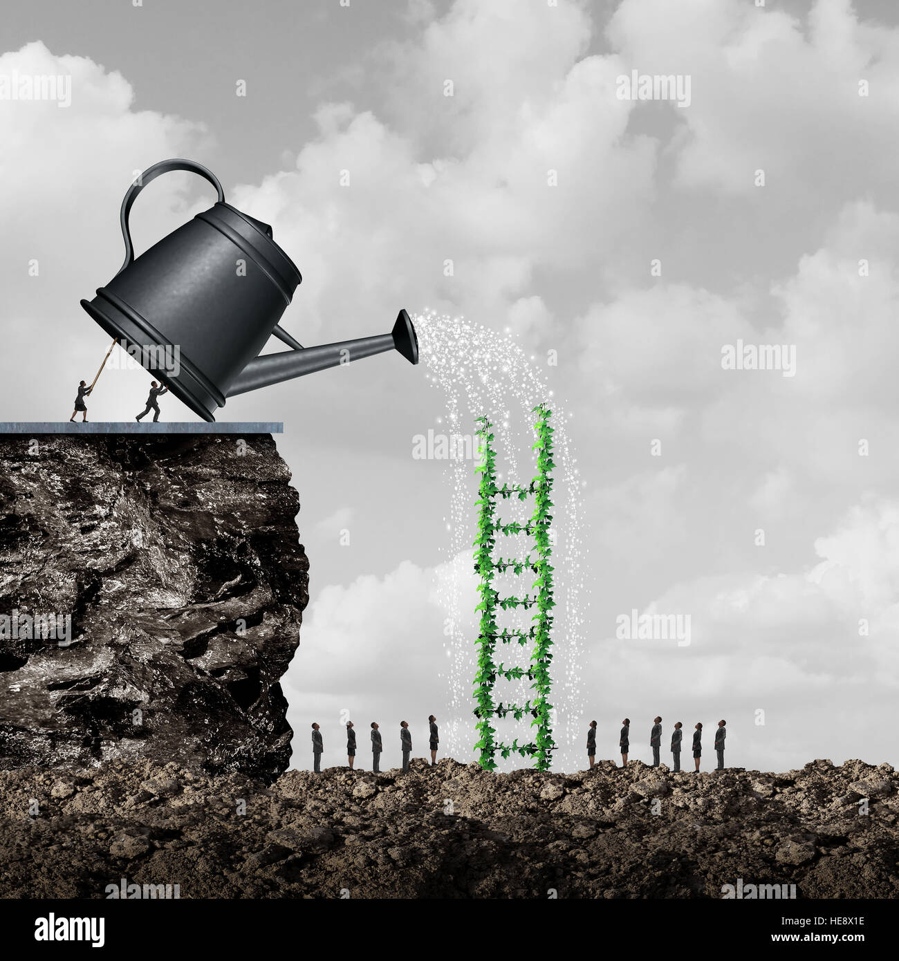 Stratégie de croissance et de réussite que d'une équipe de gens d'affaires à l'aide d'un arrosoir géant afin d'hydrater et nourrir une échelle pour aider à atteindre l'arbre comme occasion Banque D'Images