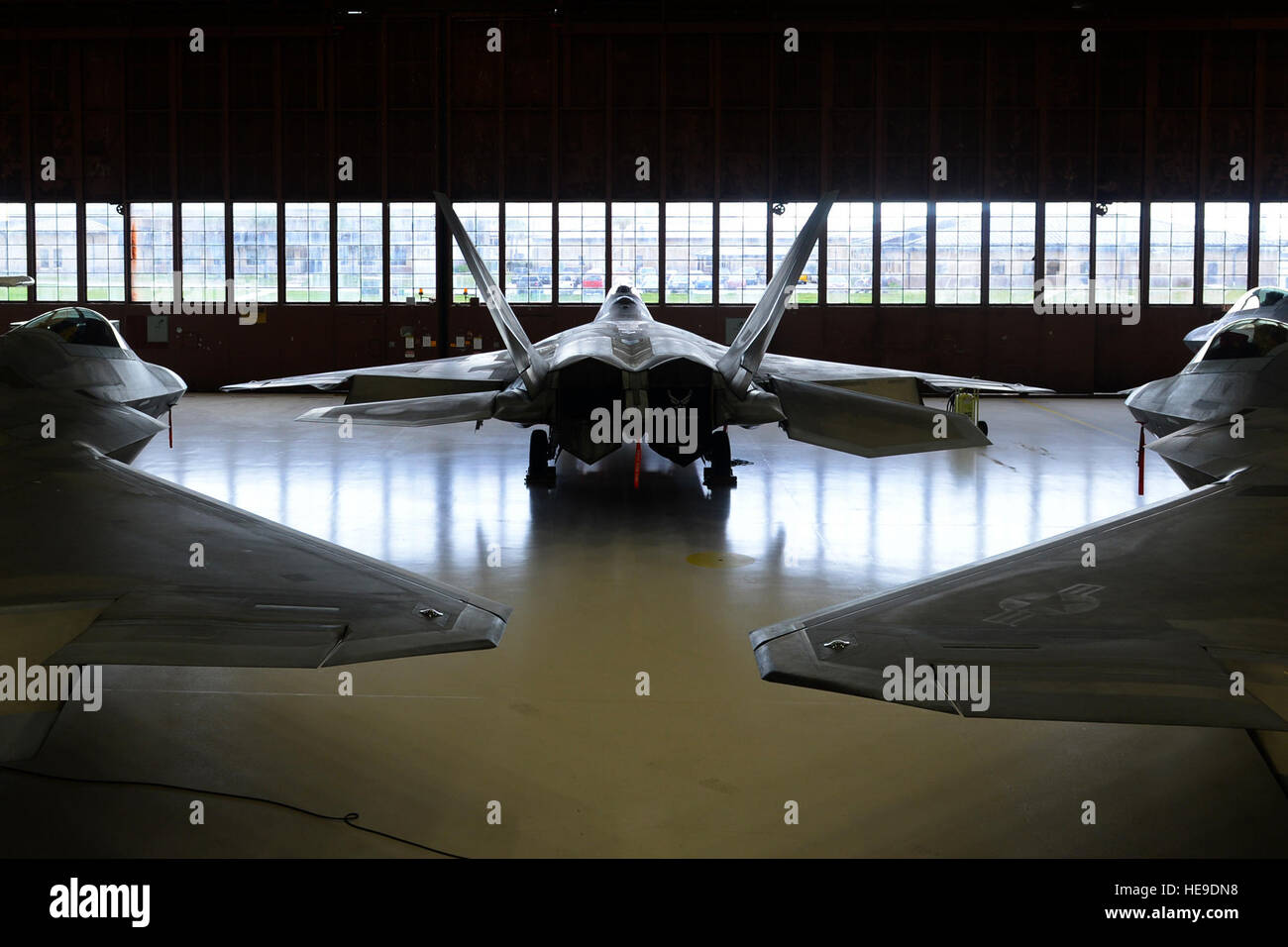 F-22 Raptors s'asseoir dans un hangar de la Base aérienne Tyndall, en Floride, le 1 septembre 2016. Tyndall AFB à l'abri tous les aéronefs en prévision de la tempête tropicale Hermine. Navigant de première classe Cody R. Miller Banque D'Images