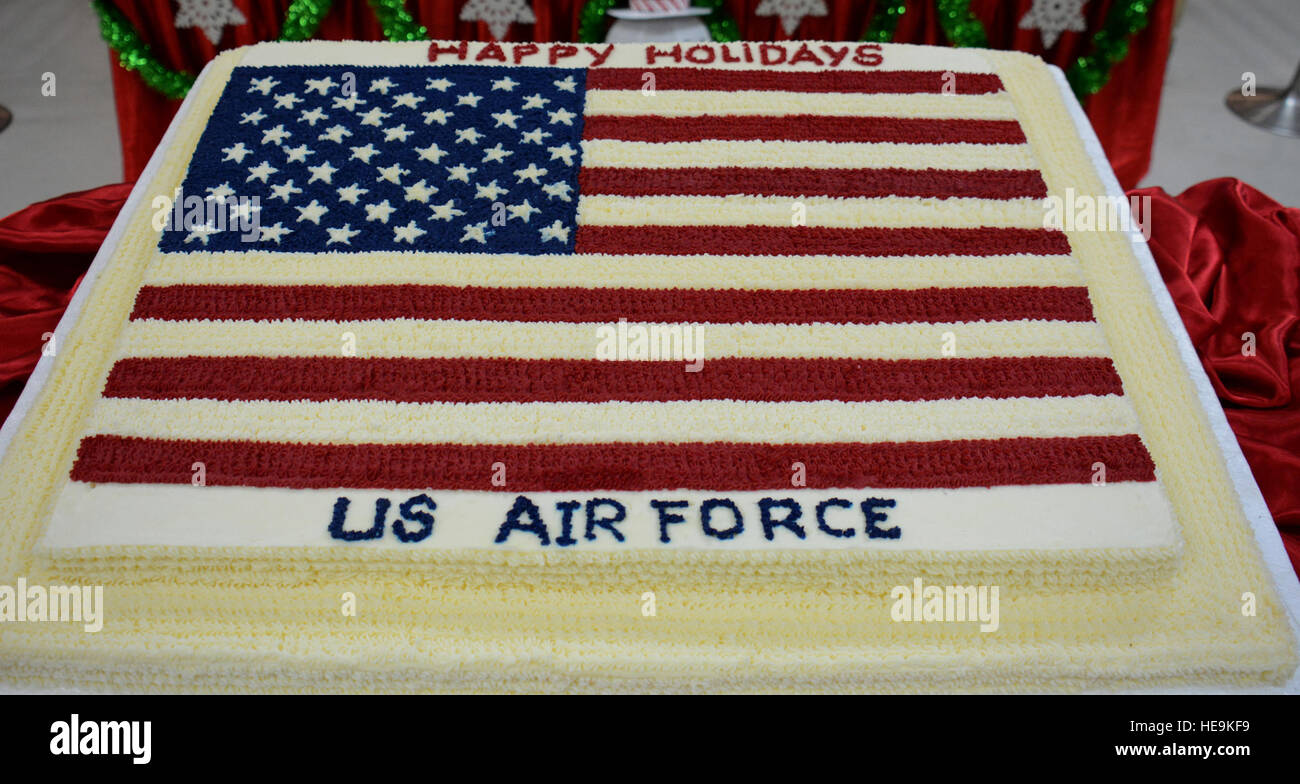 Un Gateau Decore Avec Le Drapeau Americain Est Affichee A L Interieur De L Independance Dinging Installation A Al Udeid Air Base Qatar Le 25 Decembre Le Gateau A Ete L Un Des Trois Gateaux