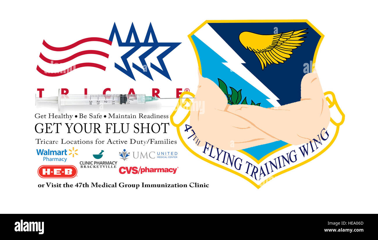 Les militaires, leurs familles et les retraités peuvent visiter la clinique de vaccination les vaccins contre la grippe pour recevoir gratuitement de 8h30 à 11 h 45 et 1 jusqu'à 4 h du lundi au vendredi. En outre, ces bénéficiaires peuvent également obtenir des vaccins gratuits localement à Wal-Mart, CVS, United Medical Center et H-E-B à Del Rio et de pharmacie clinique à Brackettville TRICARE via. (U.S. Air Force graphique par Tech. Le Sgt. Steven R. Doty) Banque D'Images